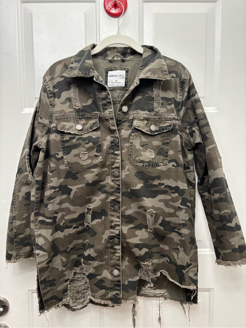 Highway Jeans Olive Camo Distressed Shacket 100% Cotton